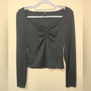 Romwe Women's Black Y2K Style Ruched V-Neck Ribbed Long Sleeve Top Size M